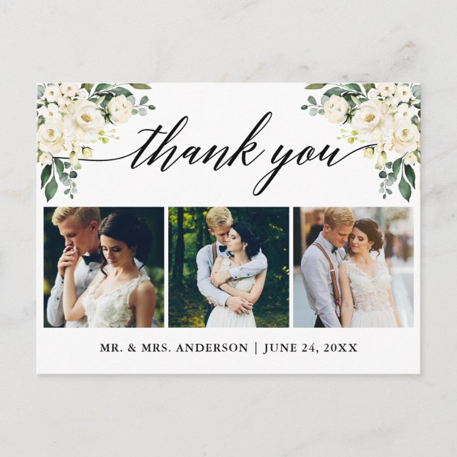 Calligraphy White Floral Wedding Thank You Postcard (Front)