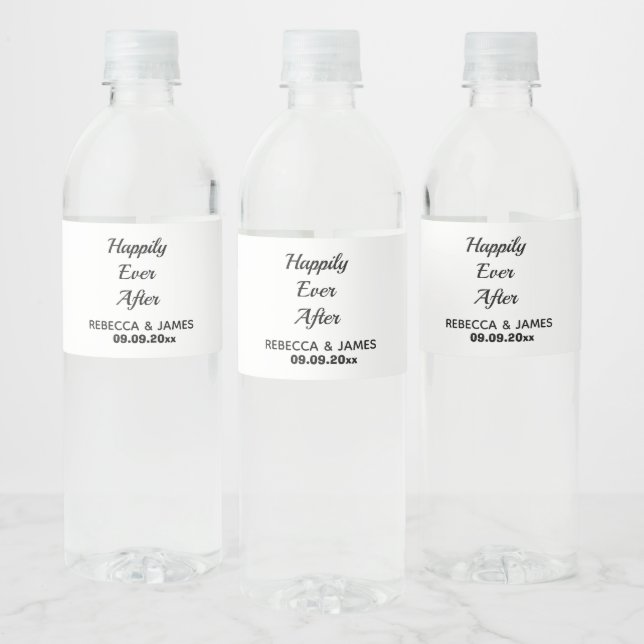 Calligraphy White Happily Ever After Wedding Water Bottle Label (Bottles)