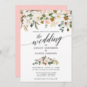 Calligraphy White Magnolias Pink Roses Wedding Invitation