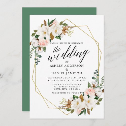Calligraphy White Magnolias Roses Gold Wedding Invitation