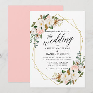Calligraphy White Magnolias Roses Wedding Gold Invitation