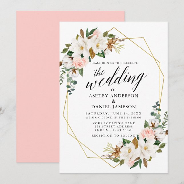 Calligraphy White Magnolias Roses Wedding Gold Invitation (Front/Back)