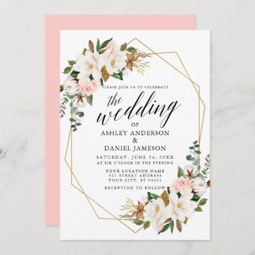 Calligraphy White Magnolias Roses Wedding Gold Invitation