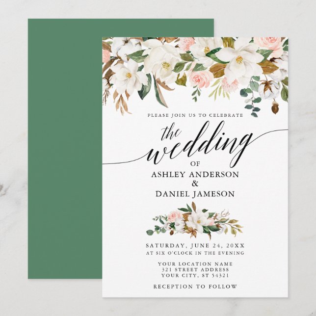 Calligraphy White Magnolias Roses Wedding Invitation (Front/Back)
