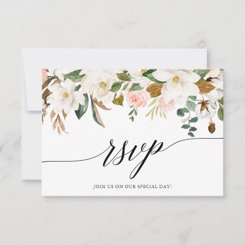Calligraphy White Magnolias Roses Wedding RSVP Card