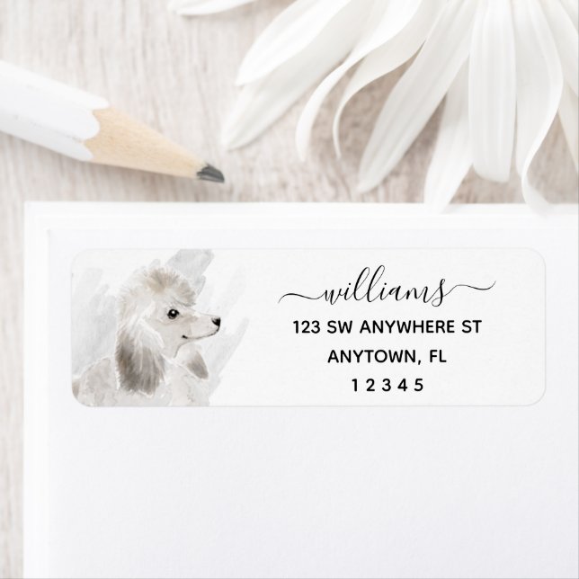 Calligraphy White Poodle Dog Return Address Label (Insitu)