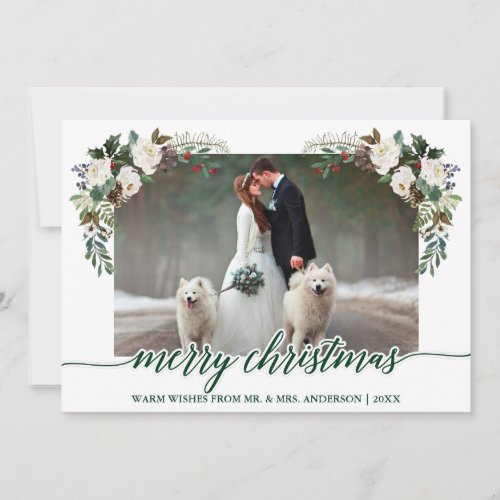 Calligraphy Winter Floral Green Wedding Photo Holiday Card