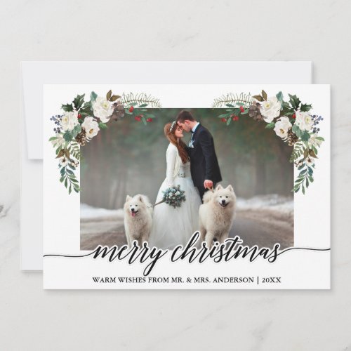 Calligraphy Winter Floral Greenery Wedding Photo Holiday Card