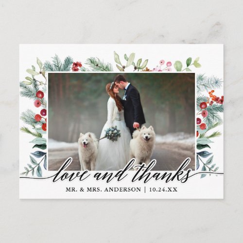 Calligraphy Winter Greenery Love Thanks Wedding Postcard
