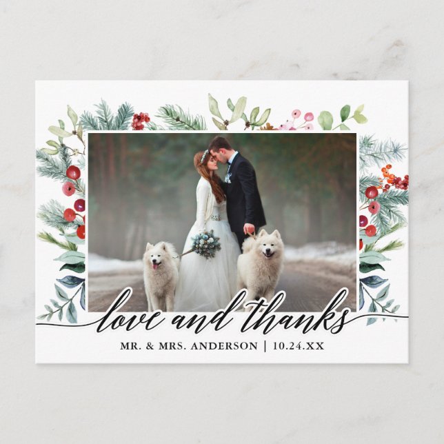 Calligraphy Winter Greenery Love Thanks Wedding Postcard (Front)