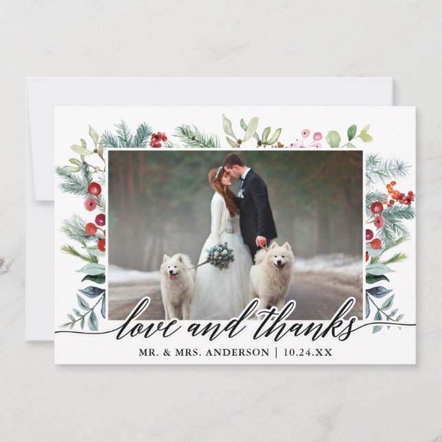 Calligraphy Winter Greenery Love Thanks Wedding Thank You Card (Front)
