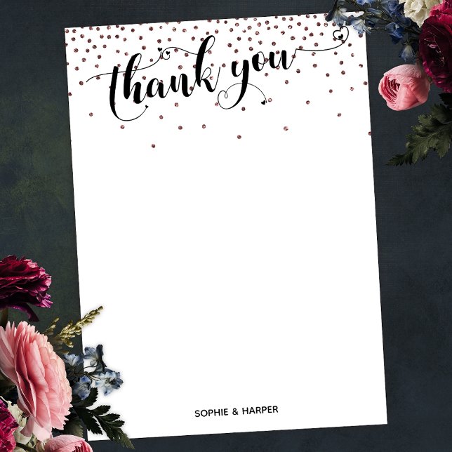 Calligraphy with Hearts and Rose Gold Confetti Thank You Card (Creator Uploaded)