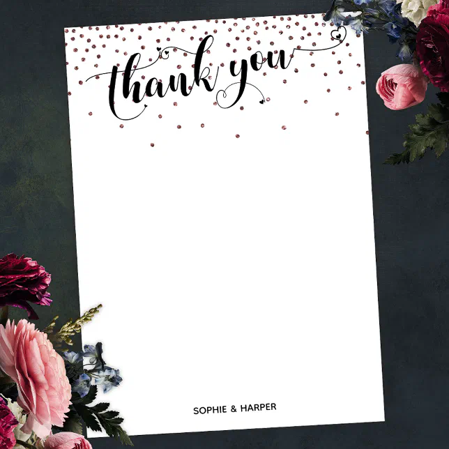 Calligraphy with Hearts and Rose Gold Confetti Thank You Card | Zazzle