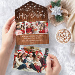 Calligraphy Wood 4 Photo All In One Christmas Card<br><div class="desc">Modern Fun Calligraphy Script 4 Photo Merry Christmas All In One Card - Rustic Country Wood and String Lights</div>