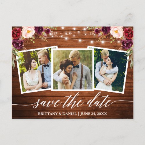 Calligraphy Wood Burgundy Floral Save The Date Postcard