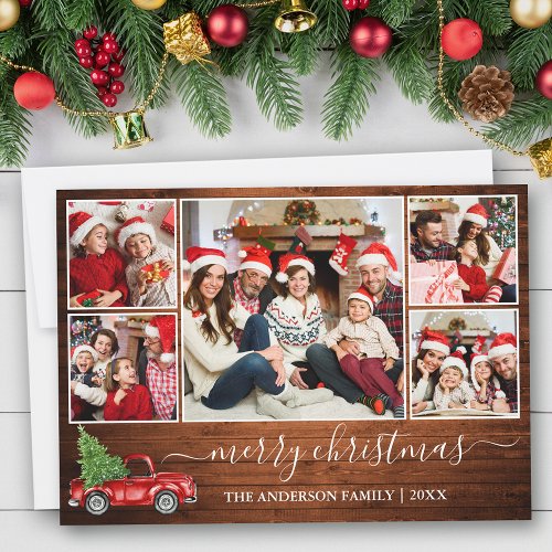Calligraphy Wood Christmas Red Truck 5 Photo Holiday Card