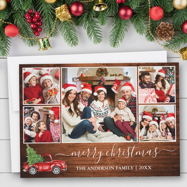 Calligraphy Wood Christmas Red Truck 5 Photo Holiday Card (Customize to add text to back of card.)