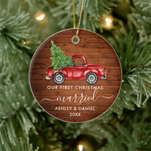 Calligraphy Wood First Christmas Married Truck  Ceramic Ornament