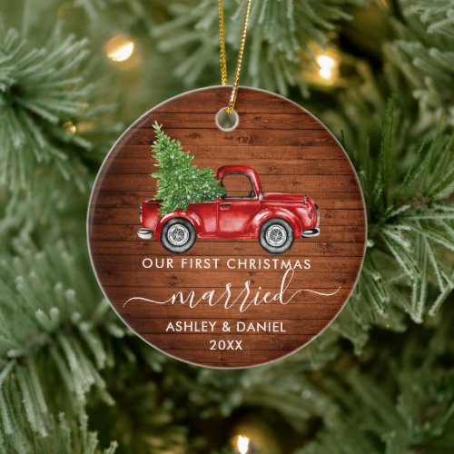 Calligraphy Wood First Christmas Married Truck  Ceramic Ornament