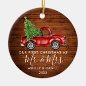 Calligraphy Wood First Christmas Mr. Mrs. Truck Ceramic Ornament | Zazzle