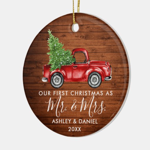 Calligraphy Wood First Christmas Mr. Mrs. Truck Ceramic Ornament | Zazzle