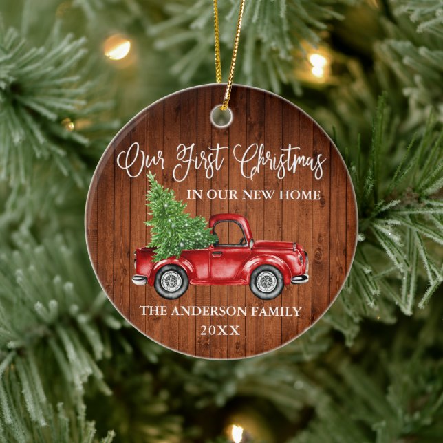 Calligraphy Wood First Christmas New Home Truck Ceramic Ornament (Tree)