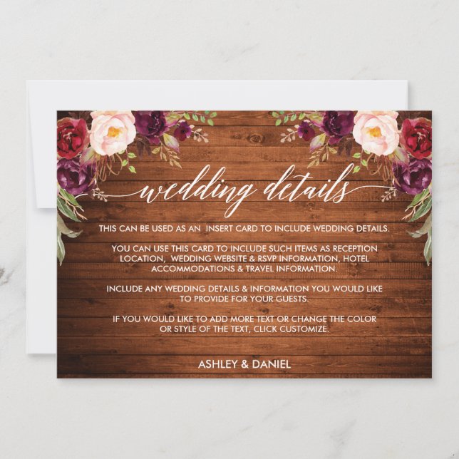 Calligraphy Wood Floral Wedding Details Card (Front)