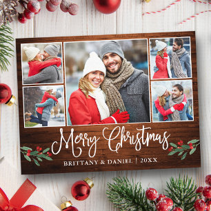 Calligraphy Wood Holly 5 Photo Couple Christmas Postcard