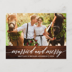 Calligraphy Wood Married and Merry Wedding Photo Postcard
