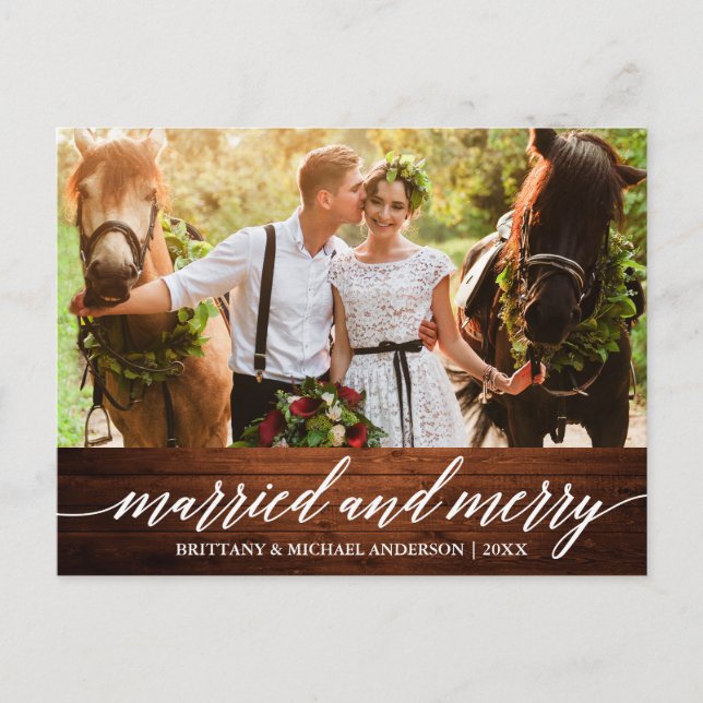 Calligraphy Wood Married and Merry Wedding Photo Postcard (Front)