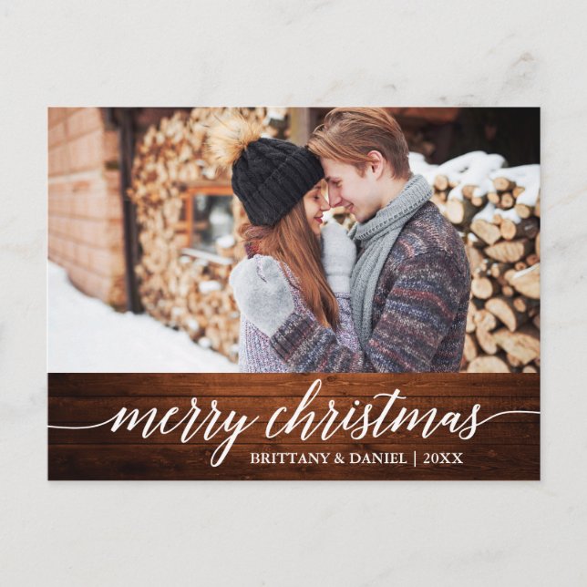 Calligraphy Wood Merry Christmas Couple Photo Postcard (Front)