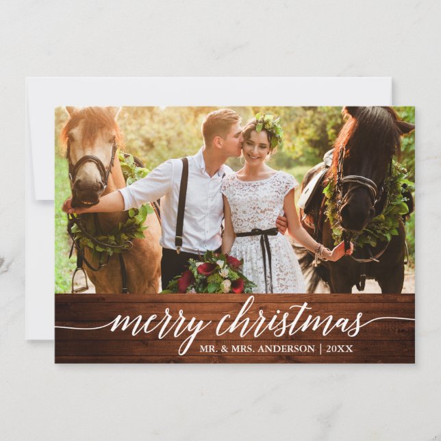 Calligraphy Wood Merry Christmas Wedding Photo Holiday Card (Front)