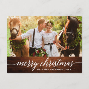 Calligraphy Wood Merry Christmas Wedding Photo Postcard