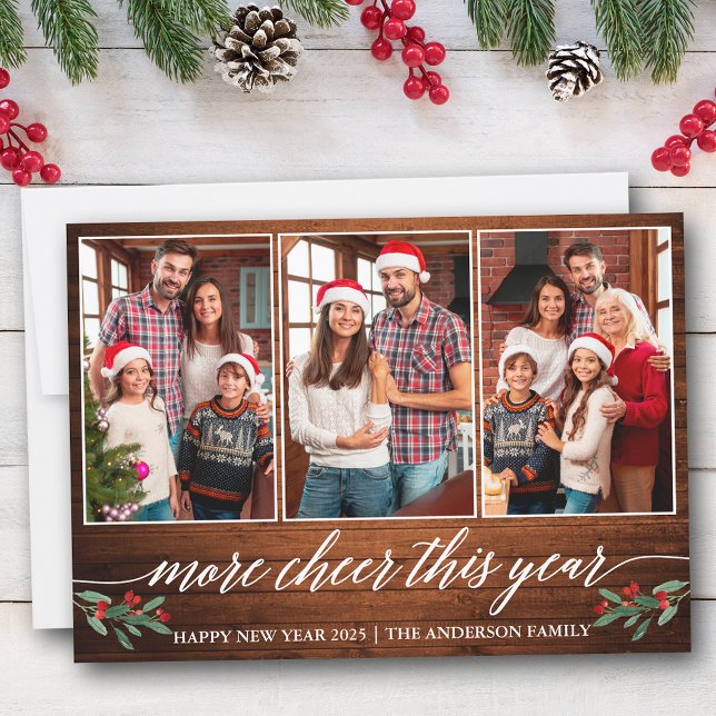 Calligraphy Wood More Cheer This Year 3 Photo  Holiday Card (Customize to add text to back of card.)