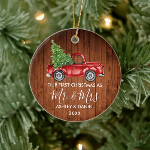Calligraphy Wood Mr Mrs Christmas Red Truck  Ceramic Ornament