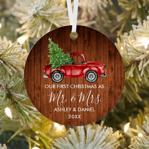 Calligraphy Wood Mr Mrs Christmas Red Truck Metal Ornament