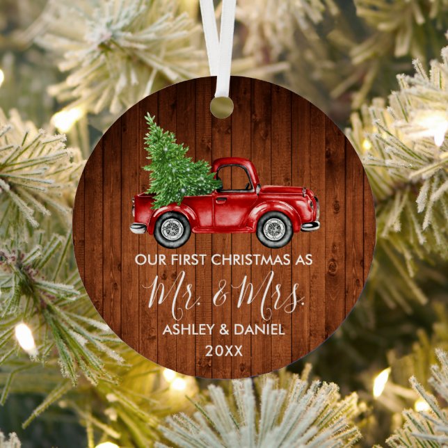 Calligraphy Wood Mr. Mrs. Christmas Red Truck Metal Ornament (Insitu)