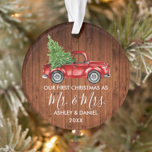 Calligraphy Wood Mr Mrs Christmas Red Truck Ornament