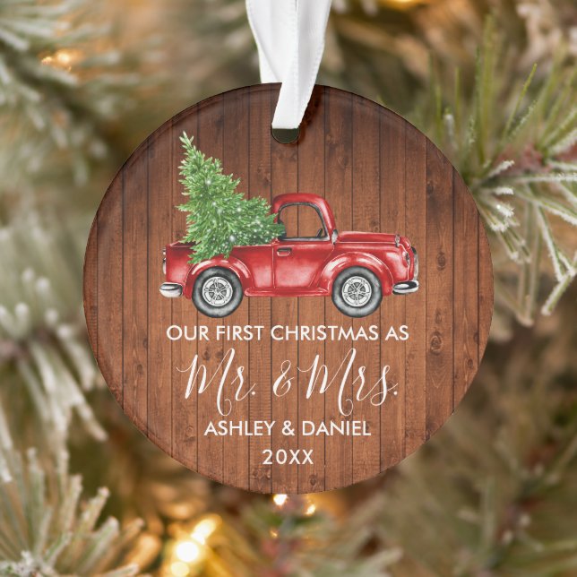 Calligraphy Wood Mr. Mrs. Christmas Red Truck Ornament (Tree)