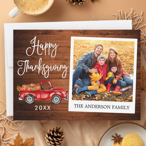 Calligraphy Wood Thanksgiving Truck Instant Photo Holiday Card