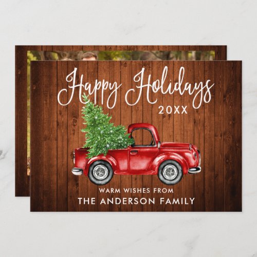 Calligraphy Wood Vintage Truck Photo Back Holiday Card