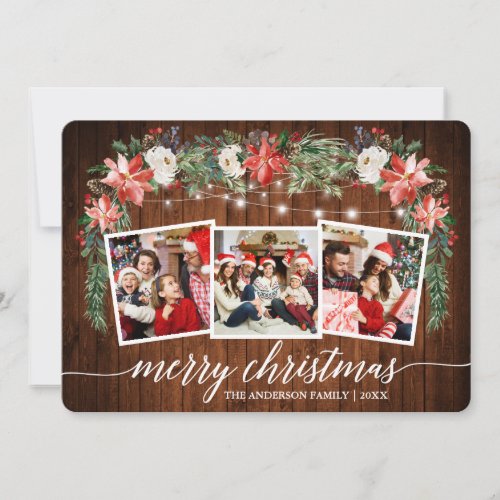 Calligraphy Wood Watercolor Winter Floral 3 Photo Holiday Card