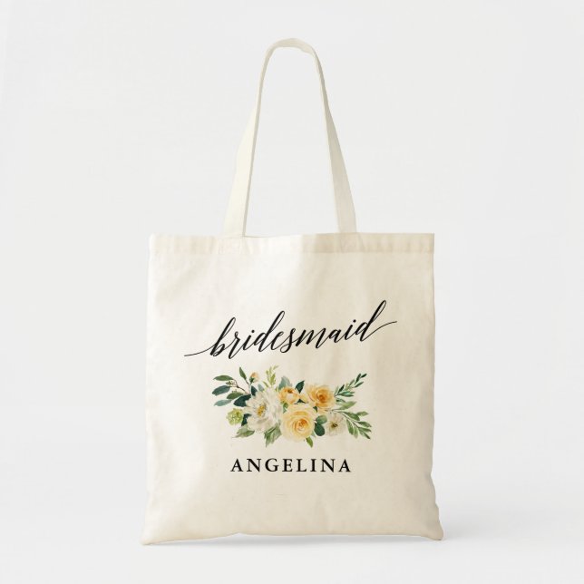 Calligraphy Yellow Floral Bridesmaid Name Tote Bag (Front)