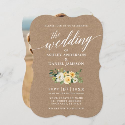 Calligraphy Yellow Floral Wedding Kraft Photo Invitation