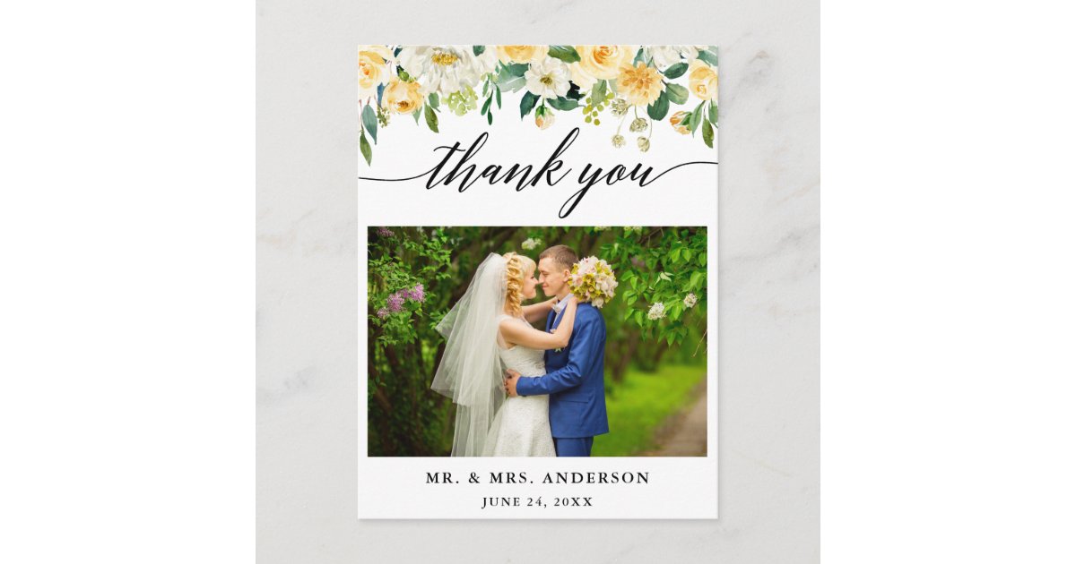 Calligraphy Yellow Floral Wedding Photo Thank You Postcard | Zazzle