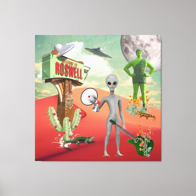 Calling All Aliens UFO Desert Surreal Collage Canvas Print (Front)