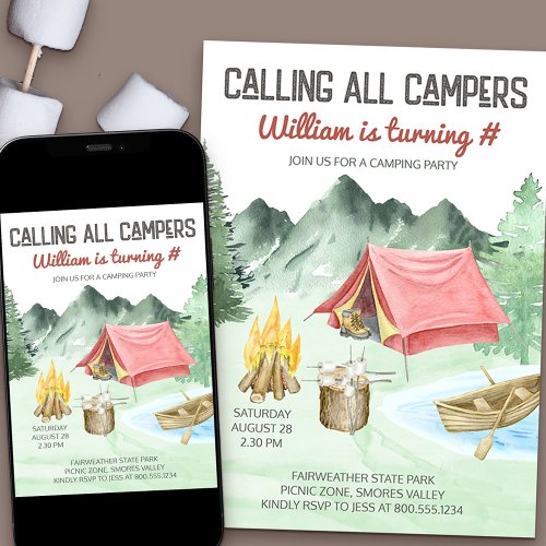 Calling All Campers Boys Birthday Camping Party Invitation