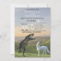 Calling all Dinosaur Unicorns Twin Party Birthday Invitation