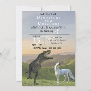 Calling all Dinosaur Unicorns Twin Party Birthday Invitation