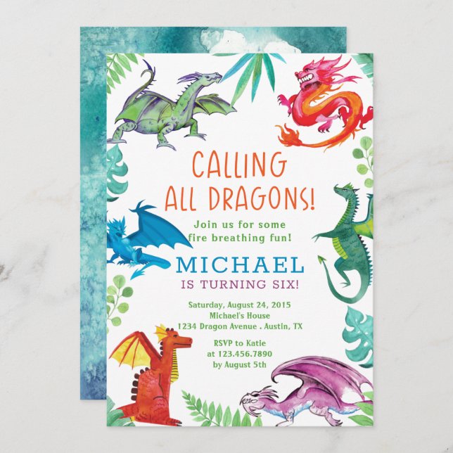 Calling all dragons birthday party invitation (Front/Back)